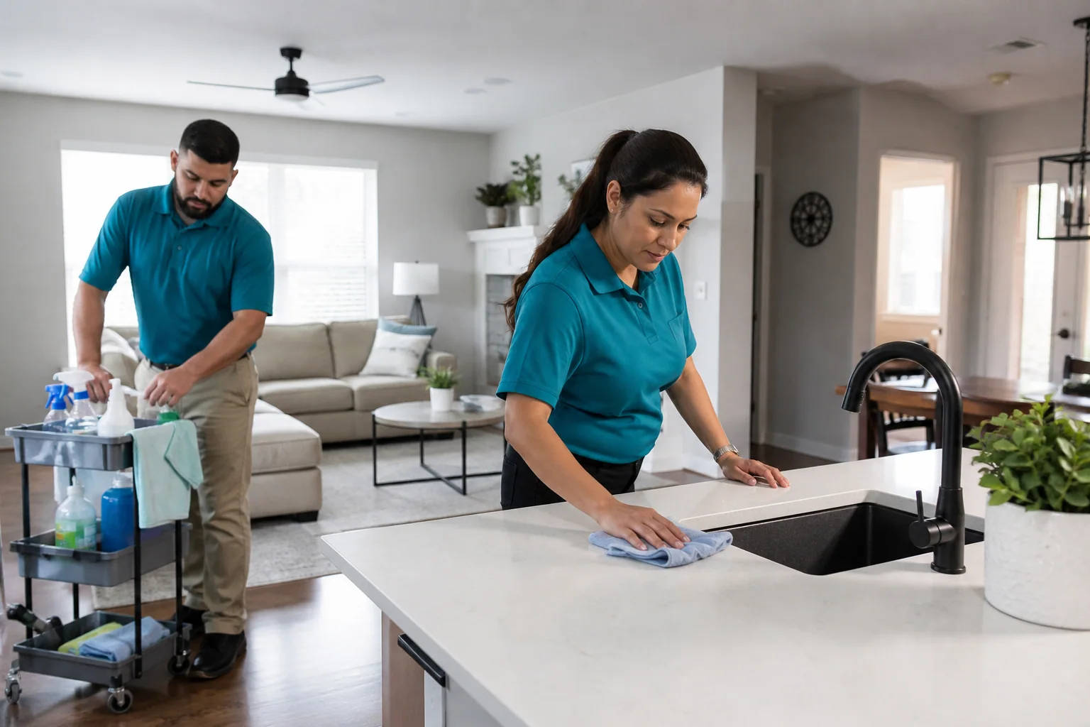 A professional residential cleaning team in a modern home