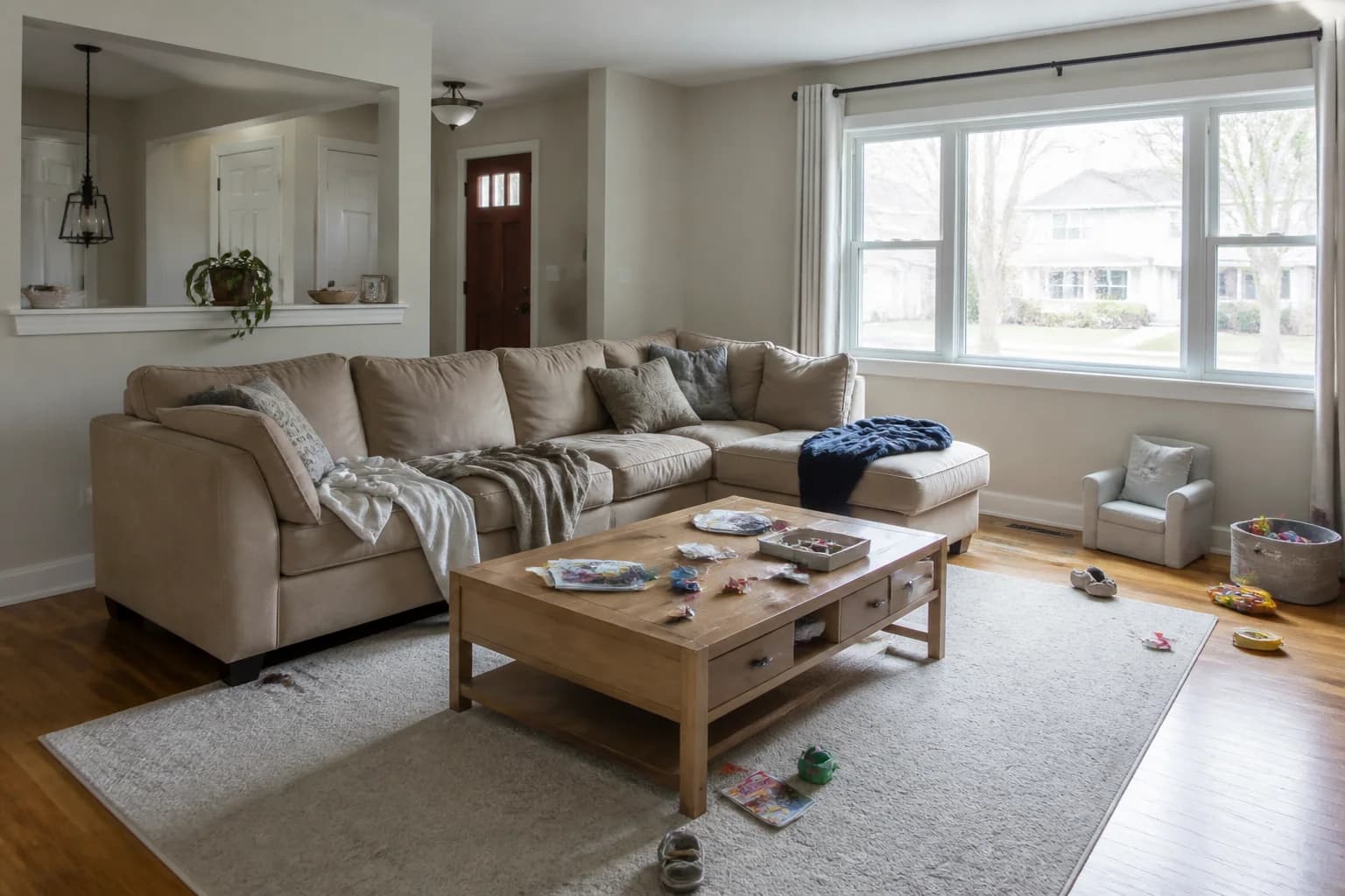 A lived-in living room before a professional cleaning